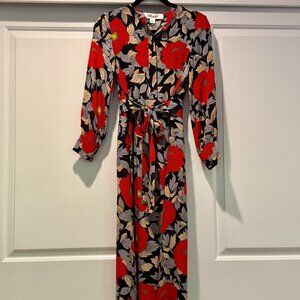 🌺 DVF Floral Midi Dress – Red & Beige on Black 🌺